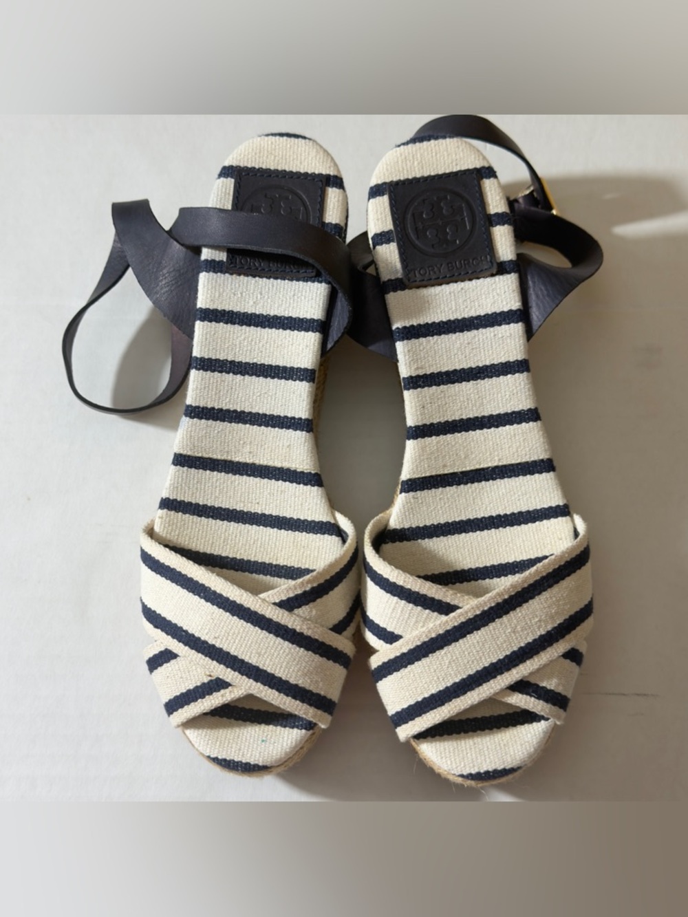 Tory Burch Navy & Cream Striped Espadrille Sandals